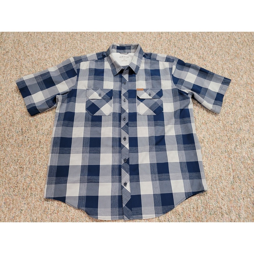 Orvis Shirt Mens XL Blue Plaid Button Up Short Sleeve Fishing Hiking Camping - Picture 1 of 14